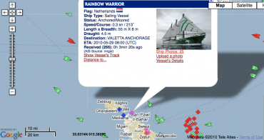 The GPS location of the Rainbow Warrior II at the anchorage in the North of Malta island ; in the story, the journalist says the ship is far off the coast © DR