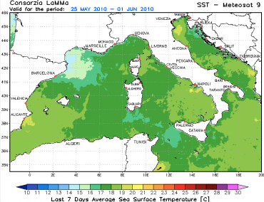 The map of the the water temperation in the Mediterranean, when the article of the AFP was published © Mare e Venti