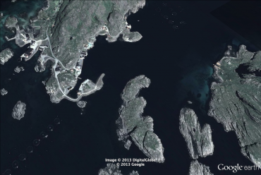 Salmon aquaculture farms, here in between the islets of Norway's West coast © Google Earth