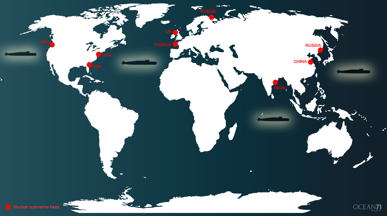 La carte du monde mettant en avant les bases des sous-marins nucléaires © OCEAN71 Magazine