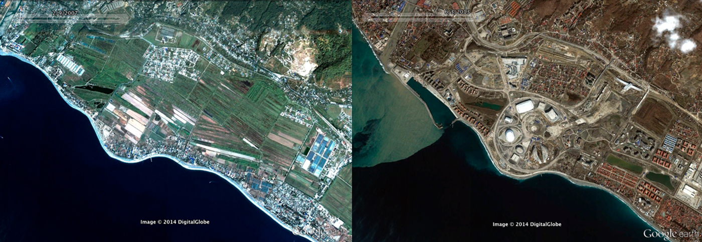 Une vue aérienne qui permet de se rendre compte de l'ampleur des travaux réalisés à Adler, entre 2007 et 2013 © GoogleEarth
