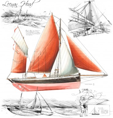 Leenan head is a 100 year old classic yacht which newly transports goods accross the oceans © Drawing by Antoine Bugeon