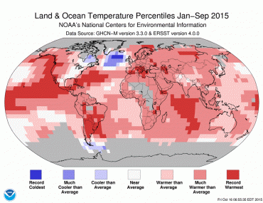 Entre janvier et septembre 2015, la planète entière s'est réchauffée alors qu'une zone de l'Atlantique Nord s'est clairement refroidie © NOAA