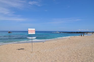 "No swimming" can be read on this sign, planted in the sand of an open beach. Marine activities are forbidden on such beaches since 2013, the risk of shark attack is too high © Andy Guinand / OCEAN71 Magazine