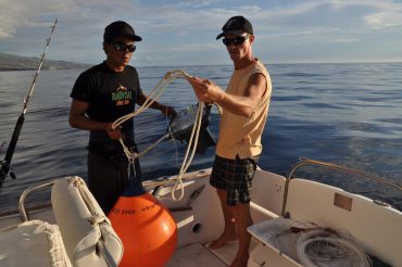 Christophe "Criquet" Perry (on the right) shows one of the 15 "smart-drumlines". The black device is the solar-powered GPS transmitter. The fishing hooks are held vertically by the orange buoy © Andy Guinand / OCEAN71 Magazine