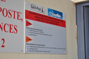 "Sharks were already observed in this area" can be read on the wall of the lifesavers' building on the Roches Noires Beach © Andy Guinand / OCEAN71 Magazine
